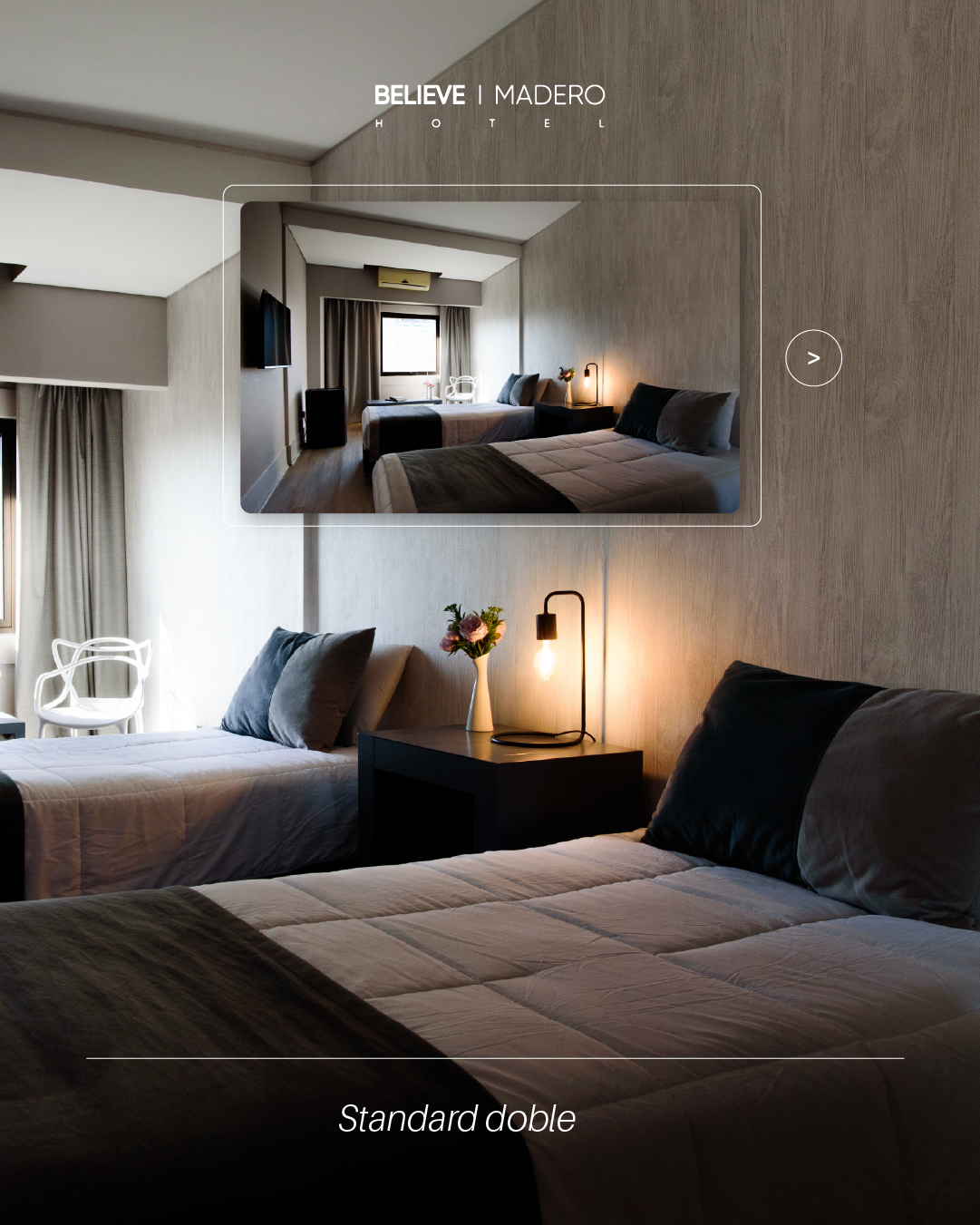Cada viaje es distinto.Por eso contamos con habitaciones para parejas, familias y grupos que buscan disfrutar Buenos Aires con la comodidad que necesitan.Elegí la que mejor se adapte a tu viaje.
Reservá directo desde nuestra web.