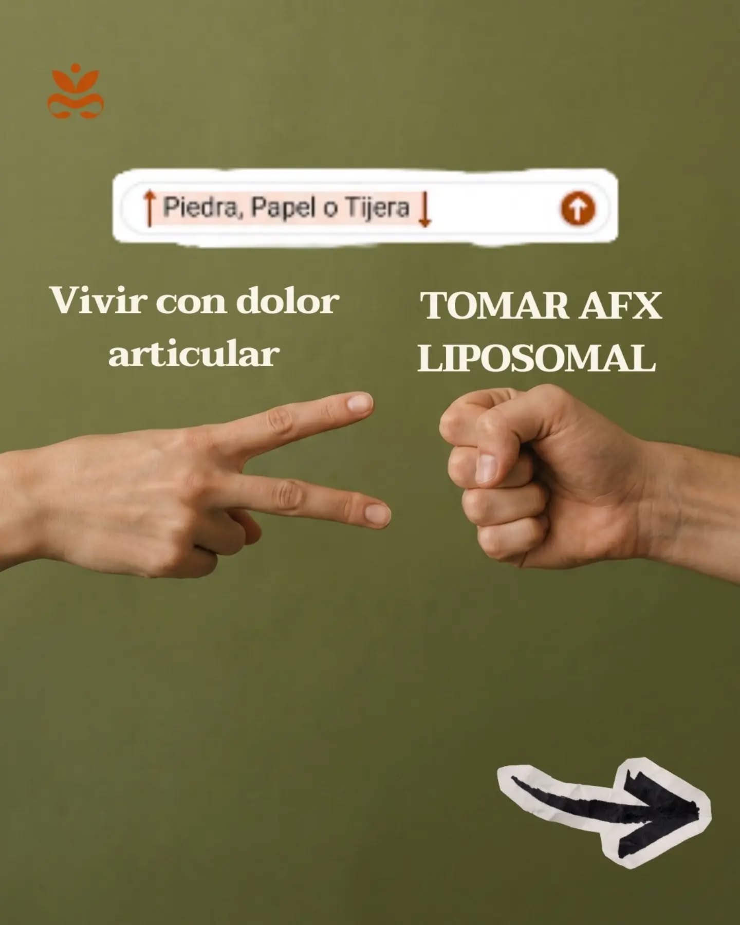📲 ¡Piedra, Papel o Tijera! ✊✌️✋
A veces la vida te pone a elegir entre seguirle el juego al dolor... o ganarle la partida. 🥊
En este #DíaMundialDeLaArtritis, tu mejor jugada es AFX Liposomal. No dejes que la rigidez te corte el ritmo✌️, ¡ponle una defensa fuerte y natural✊!
Con su potente fórmula de Glucosamina, Condroitina y MSM:
🌿 Nutre tus articulaciones desde adentro.
🛡️ Protege contra el desgaste diario.
🔄 Regenera el cartílago.
🏃♂️ Recupera la flexibilidad para moverte libremente.
Esta es tu señal. Elige ganar, elige moverte. Elige #AFXLIPOSOMAL 🧡#PiedraPapelOTijera #DiaMundialDeLaArtritis #MueveteSinDolor SuplementosLiposomales SaludArticular RedescubreElEquilibrio